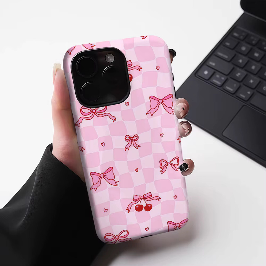 Potdemiel Blush Checkerboard Bow Handyhülle für iPhone 17 16 15 14 13 Pro Max Plus, magnetische robuste Doppel-Schicht-Hülle, Pink - Bild 3