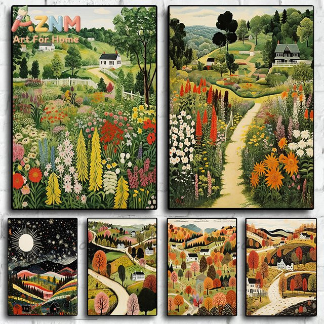 Potdemiel Leinwand Wandkunst im Van Gogh-Stil mit floralen Blumen- und Landschaftsmotiven in Mehrfarbig - Bild 1
