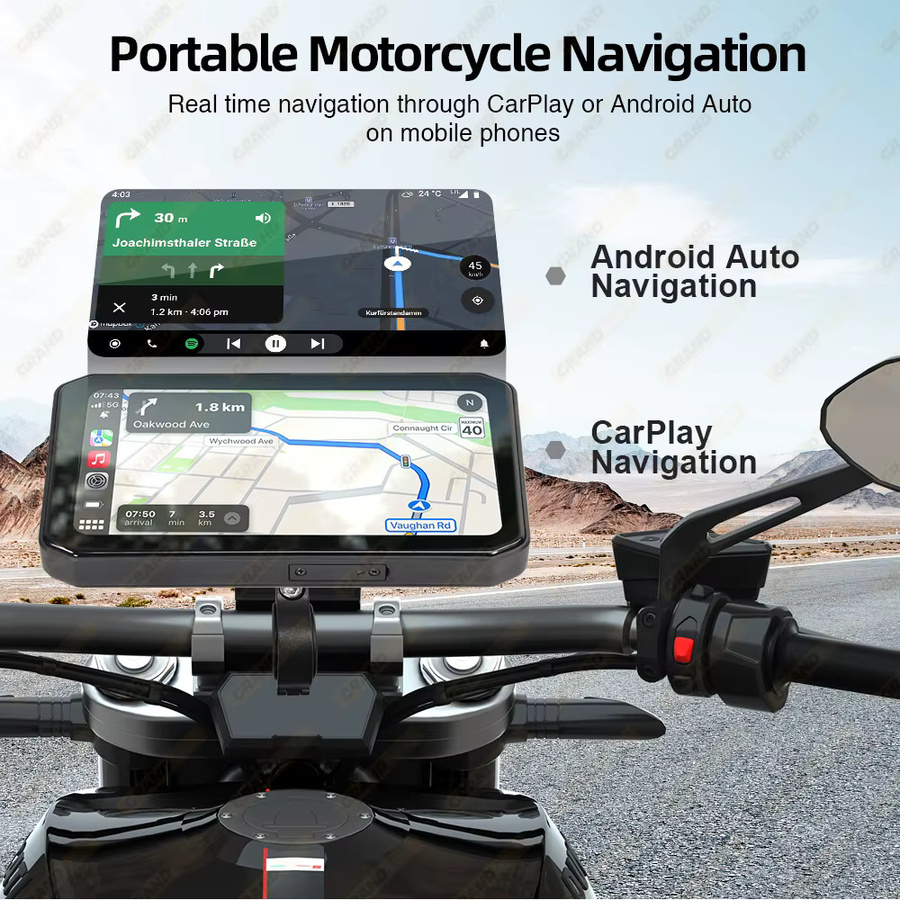 GrandNavi Tragbarer 6,25 Zoll Motorrad GPS Navigator mit Wireless CarPlay und Android Auto, IP67 Wasserdicht, Schwarz mit DVR Stick Recorder und WIFI - Bild 5