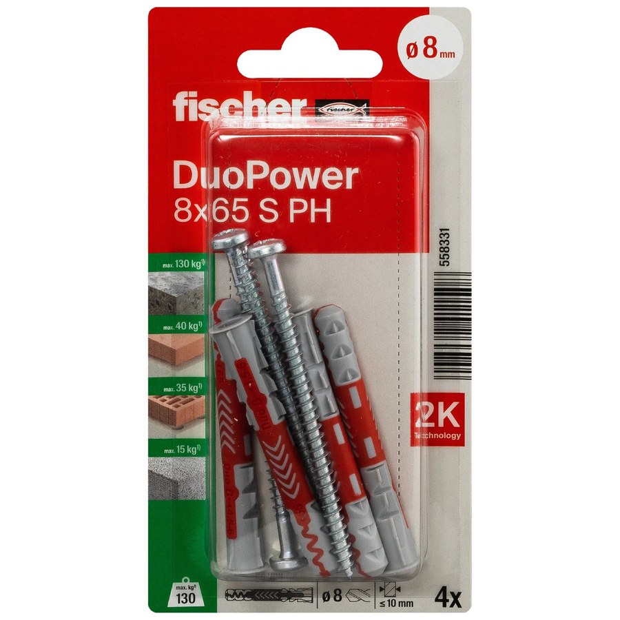 Fischer Universaldübel DuoPower S aus Nylon, Durchmesser: 8 mm, Länge: 65 mm, 4 Stück - Bild 2