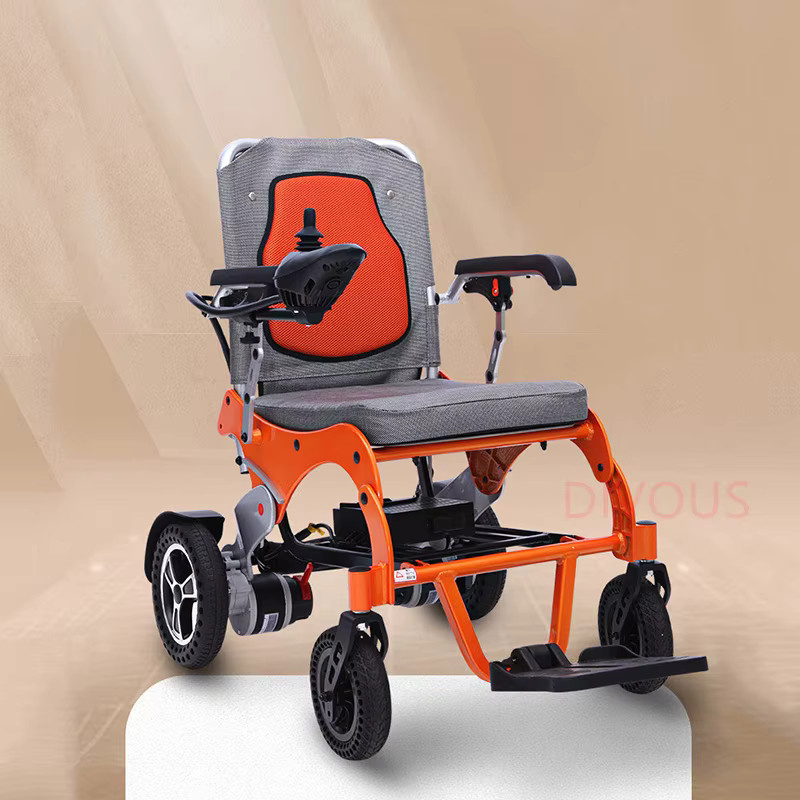 DIVOUS Elektrischer Rollstuhl aus Aluminium, tragbar und zusammenklappbar, Farbe: Orange - Bild 2