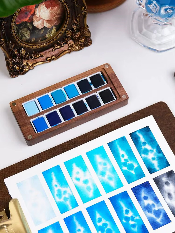 SeamiArt Professionelles Aquarellfarben-Set mit 12 Gletscherblau-Tönen und Walnuss-Holzpalette - Bild 6