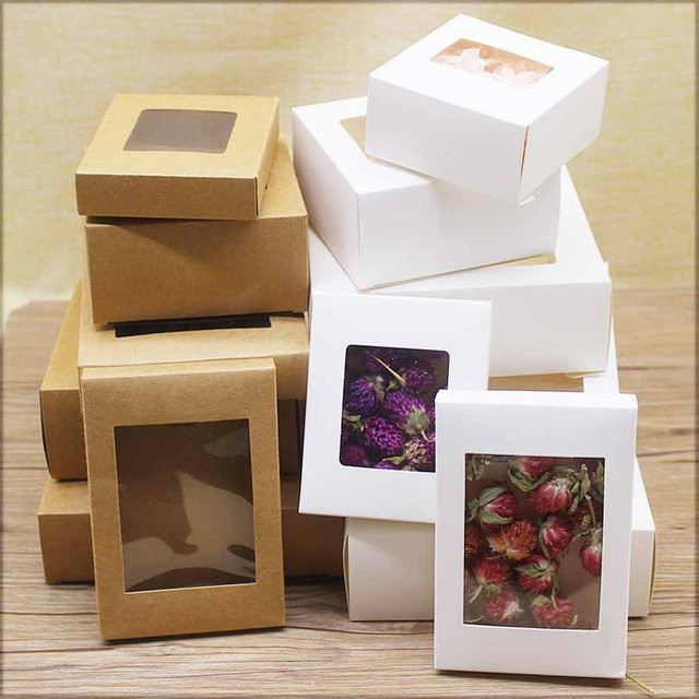 10 Stück DIY Vintage Kraftpapier-Boxen mit Fenster in Braun und Weiß für Kuchen, Muffins und Geschenke bei Hochzeiten oder Familienfeiern - Bild 1
