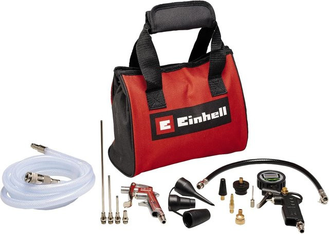 Einhell 15-teiliges Druckluftset in Rot mit Tasche inklusive Ausblaspistole und digitalem Reifenfüller - Bild 1