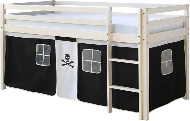 Homestyle4u Hochbett für Kinder aus Kiefernholz mit Piratendesign und Vorhang, Weiß/Schwarz, B/T/H: 90 x 200 cm - Bild 1