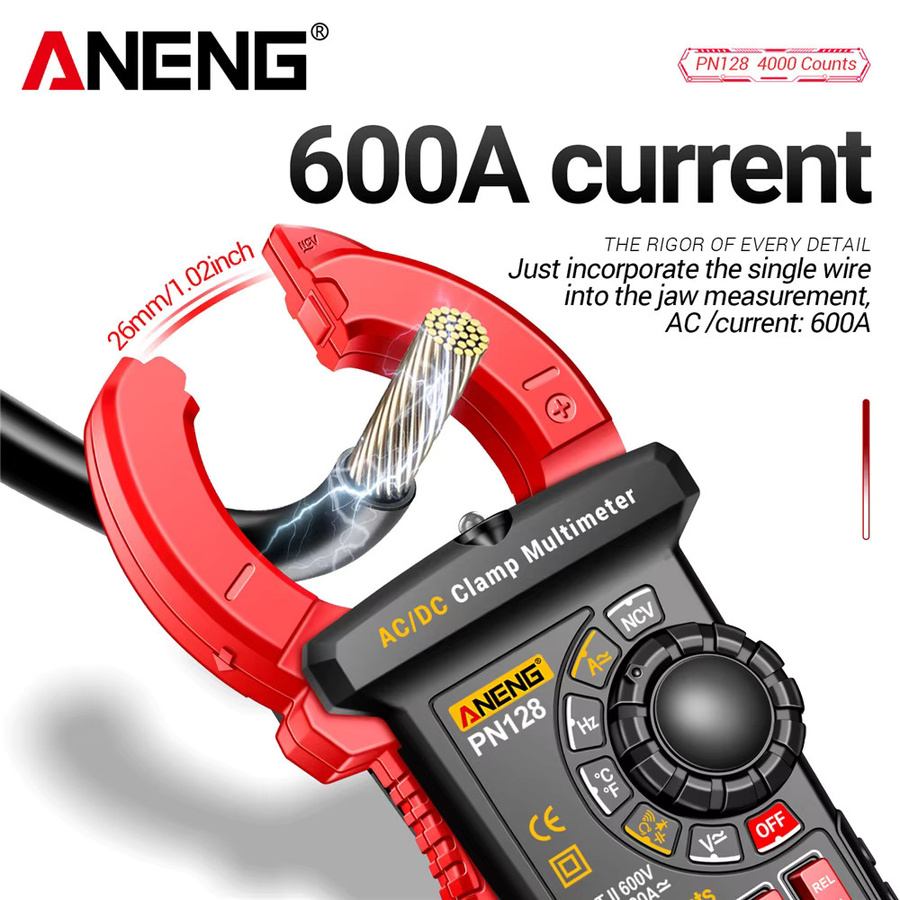 ANENG PN128 Zangenamperemeter Multimeter mit AC/DC Spannung, 600A Stromzange, True RMS und NCV Induktions-Tester in Rot - Bild 3