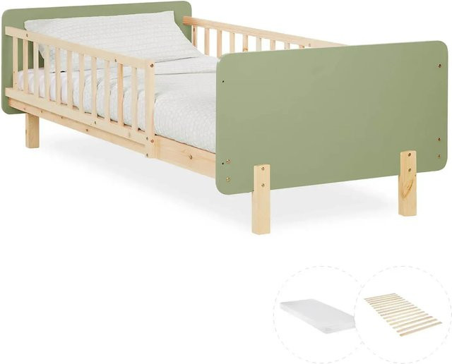 Homestyle4u Kinderbett in Grün mit Rausfallschutz, Lattenrost und Matratze, skandinavisches Design aus Kiefernholz, B/T/H: 90 x 200 x 76,5 cm - Bild 1
