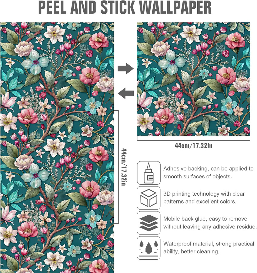 Selbstklebende Blumen-Tapete von Meihodan in Grün, modernes strukturiertes Vinyl-Kontaktpapier zum Abziehen und Aufkleben - Bild 5
