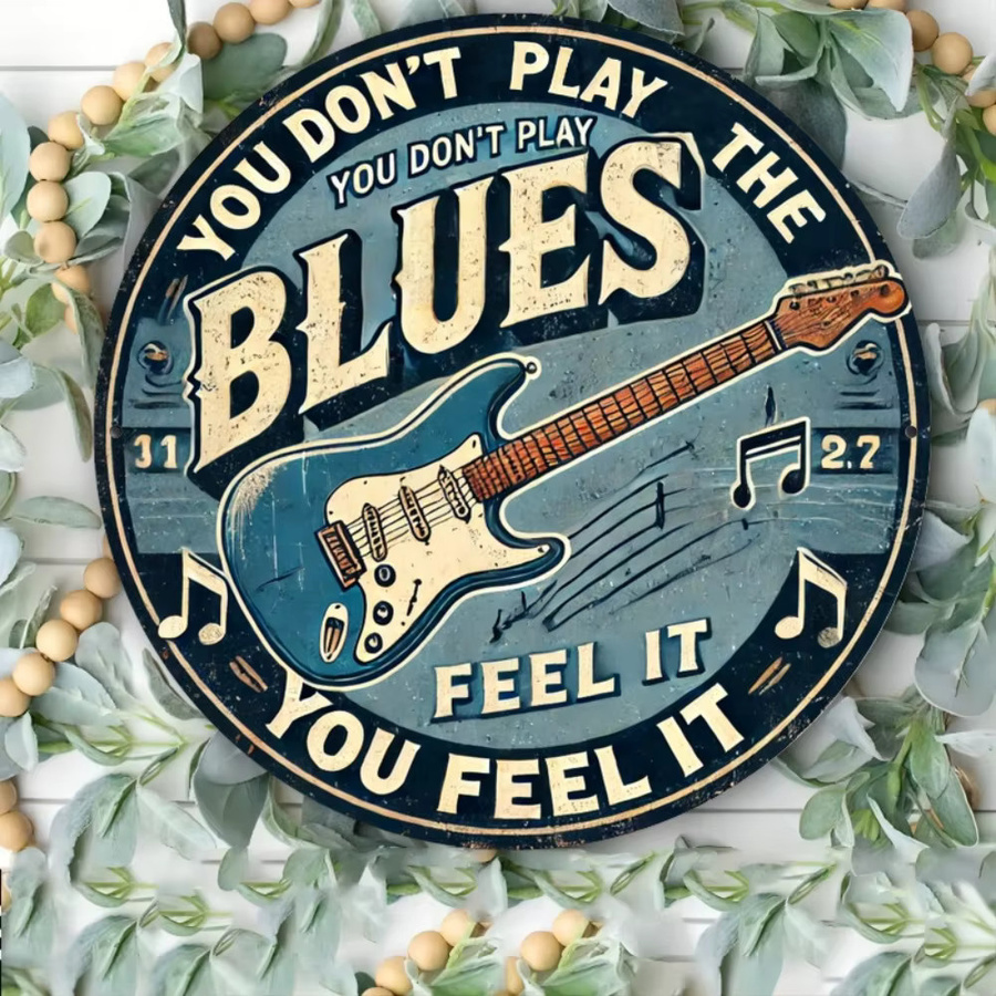 Vintage Blues Gitarren Metallschild von Potdemiel – Runde Wanddekoration aus Eisen für Bar, Café und Küche, Durchmesser: 20 cm - Bild 4