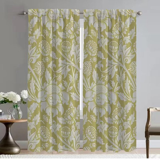 Vintage Blumen Küchenvorhänge Set aus 2 Paneelen, halbtransparent, grün, B: 60 cm, H: 90 cm - Bild 1