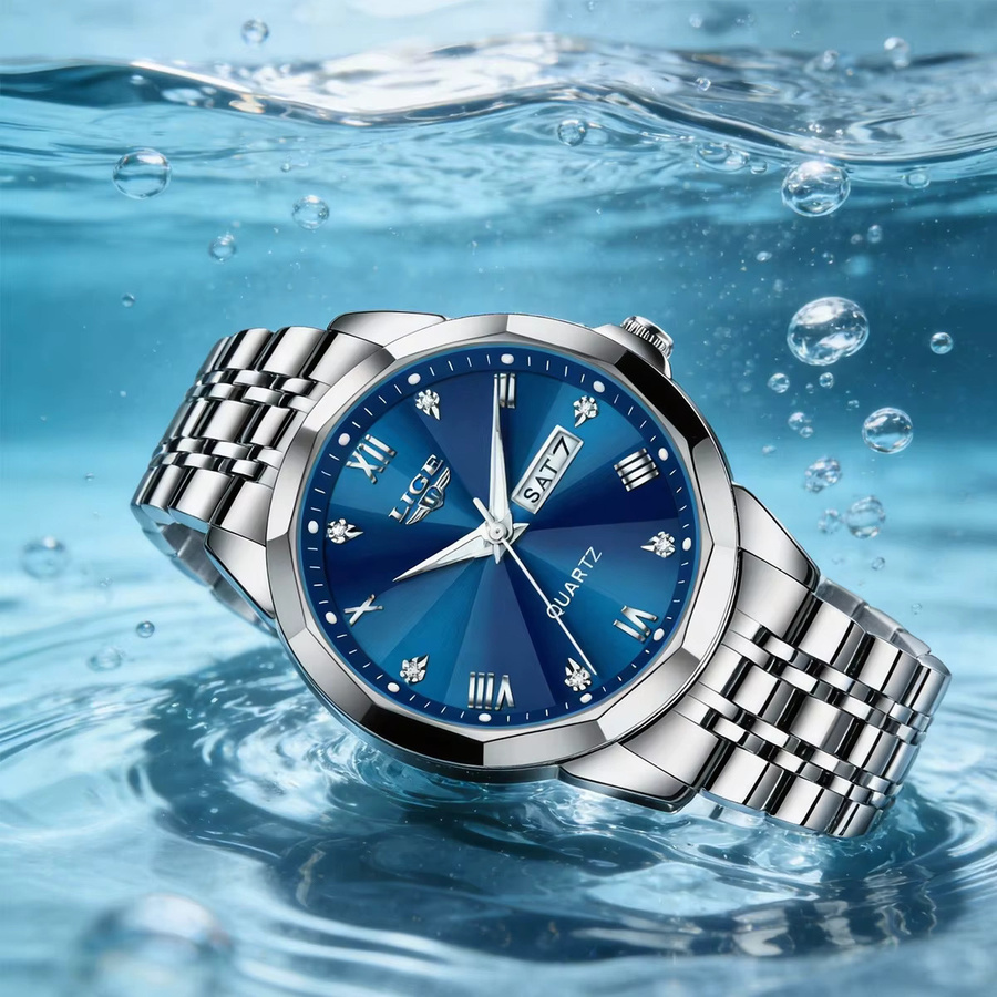 LEGE Armbanduhr Herren, Quarz, Edelstahl, Blau, Silber, Wasserdicht - Bild 5