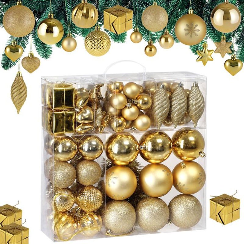 Casaria Weihnachtskugeln 103-teiliges Set in Gold, bruchsicher und hängend mit glänzenden, matten und glitzernden Oberflächen - Bild 1