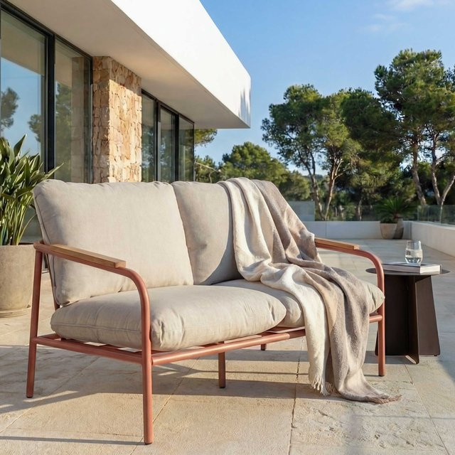 MCW Aluminium-Gartenbank O11 Outdoor 2-Sitzer Sofa mit Armlehnen in Terrakotta und beigen Olefin-Stoffpolstern, Breite: 125 cm - Bild 1
