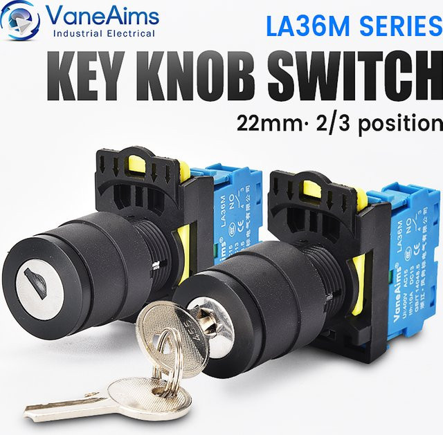 VaneAims LA36M Schlüsselschalter Schwarz 22 mm 12 V 220 V 10 A 2 Positionen 1 Schließer Ein-Aus-Knopf - Bild 1