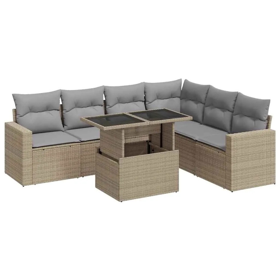 vidaXL 7-teilige Garten-Sofagarnitur in L-Form aus Poly-Rattan in Beige-Grau mit wetterfesten Kissen und pulverbeschichtetem Stahlgestell - Bild 2