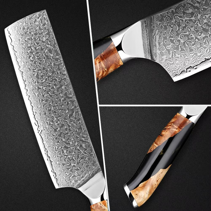 XITUO Japanisches Nakiri-Messer aus Damaszener Stahl mit schwarzem Griff aus stabilisiertem Harzholz, 17,78 cm - Bild 4