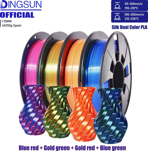 DINGSUN 3D 3D-Drucker Filament Set aus zweifarbigem Seiden-PLA, 1,75mm, Multicolor, 4 Spulen à 250g - Bild 1