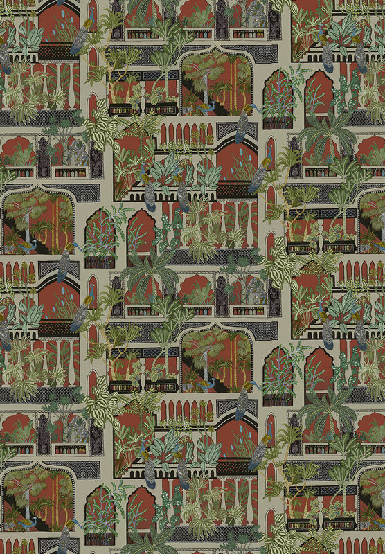 Josephine Munsey Tapete Peacock Arches in Terracotta, Mehrfarbig mit botanischem und geometrischem Art Nouveau Design - Bild 2