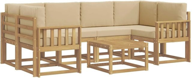 vidaXL Outdoor-Sofagarnitur aus Akazienholz in L-Form mit Kissen und Couchtisch, 7-teiliges Set in Weiß, Beige und Braun - Bild 1