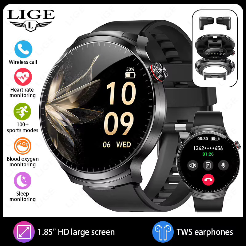 LIGE 2-in-1 Smartwatch mit integrierten TWS-Bluetooth-Kopfhörern, 1,85 Zoll Display, Herzfrequenzmessung und Telefonfunktion, Schwarz - Bild 6