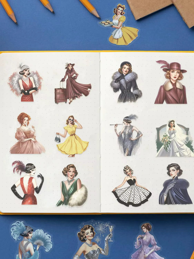 50 oder 100 Stück Cartoon Vintage Mädchen Aufkleber, wasserfeste transparente PET Sticker zur Dekoration von Notebook, Tasche und Gitarre, mehrfarbig - Bild 4