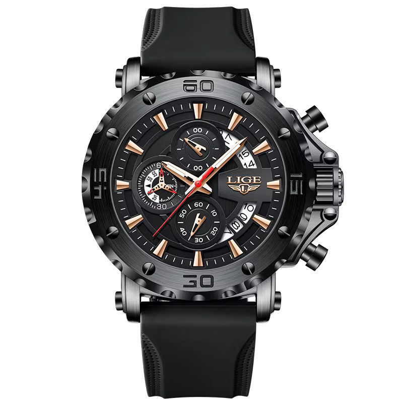 LIGE Chronograph Armbanduhr, Quarz, Silikon, Schwarz, Herren - Bild 6