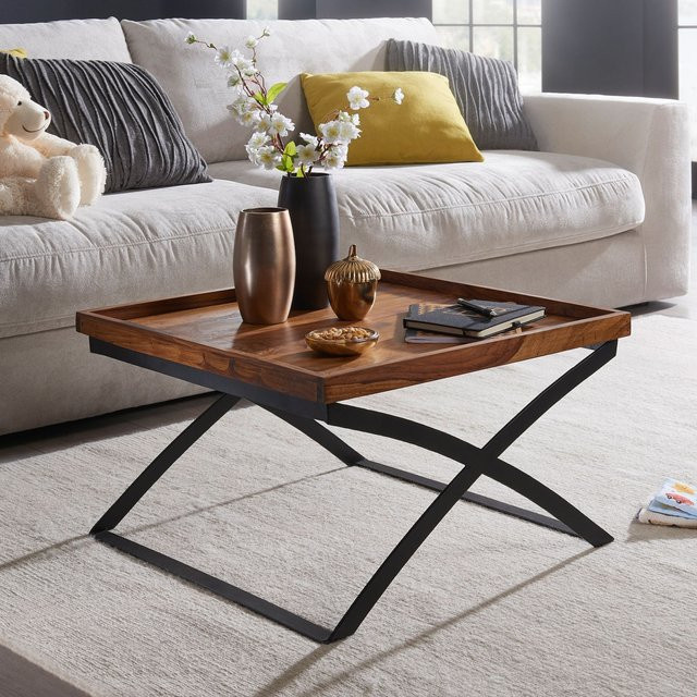 FineBuy Couchtisch FB50967 aus Massivholz in Braun im Industrial-Stil, quadratischer Wohnzimmertisch - Bild 1
