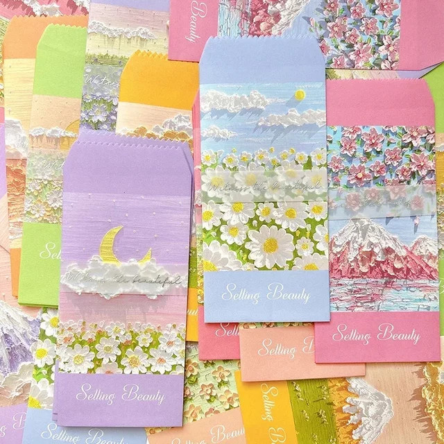 10 Stück Papierumschläge mit Ölgemälde-Motiv Rosa Gänseblümchen, Bunte Romantik, B/H: 17,5 x 8,8 cm - Bild 1