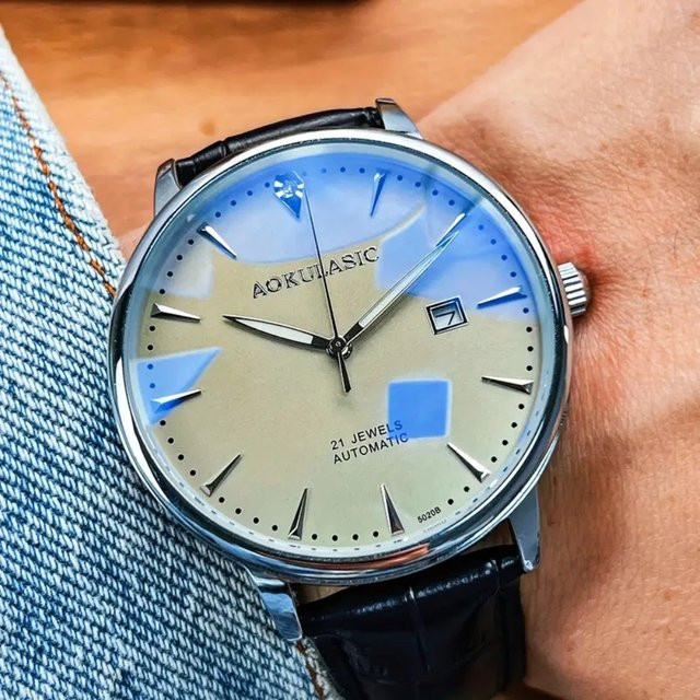 AOKULASIC Armbanduhr Automatik, Skelett, Weiß, Leder, Herren - Bild 1