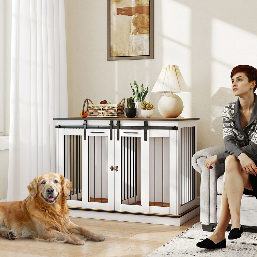 PawHut Hundebox aus Metall und MDF in Weiß mit Doppeltüren für mittelgroße Hunde, B/T/H: 120 x 60 x 88,5 cm - Bild 2