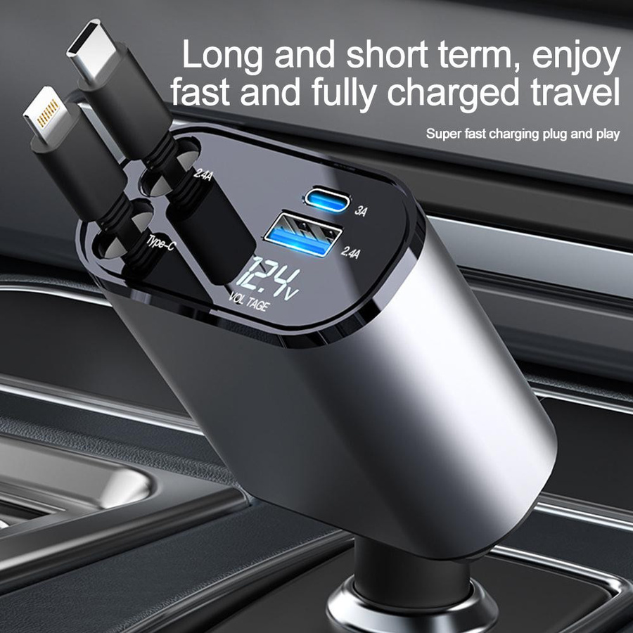 YJMP 100W Autoladegerät mit USB-C und USB-A, superschnelles Aufladen mit einziehbarem Kabel und Spannungsanzeige für iPhone, Huawei und Samsung - Bild 6