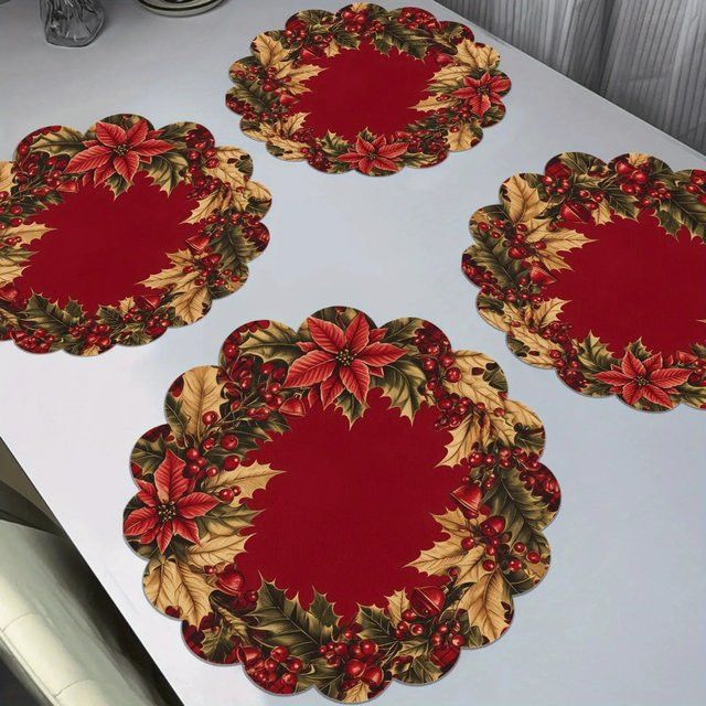 VIKAMA 4-teiliges Weihnachts-Tischset mit roter Beere und Spitze in Rot - Bild 1