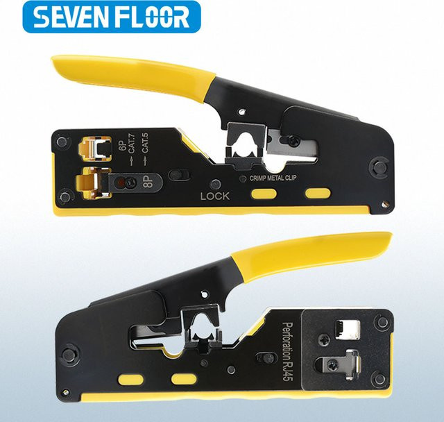 Gelbes RJ45-Crimpwerkzeug-Set mit Ratsche für Cat6 und Cat5 Ethernet-Datenkabel - Bild 1