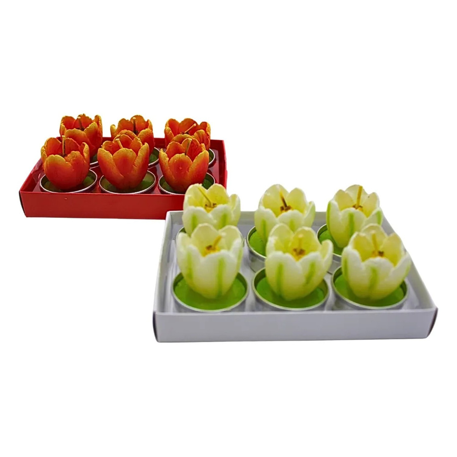Dekohelden24 12er Set Tulpenkerzen als Tischkerzen in Weiß, Orange und Multicolour, Maße je Kerze B: 4 cm, T: 4 cm, H: 7 cm - Bild 2