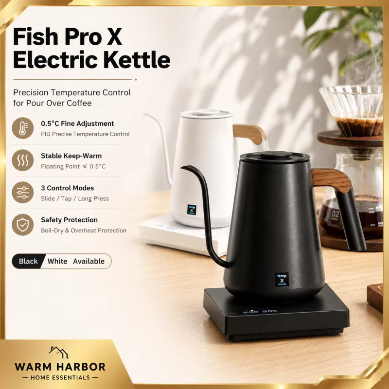 Timemore Fish Pro-X Elektrischer Schwanenhals-Wasserkocher aus Edelstahl mit Temperaturregelung, 0,9 l, Silber/Schwarz - Bild 4