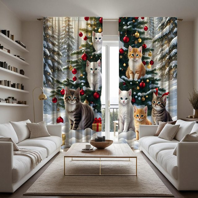 2er-Set dekorative Vorhänge mit Weihnachtsbaum- und Katzenmotiv in Schwarz und Multicolour, Breite: 132 cm, Höhe: 160 cm - Bild 1