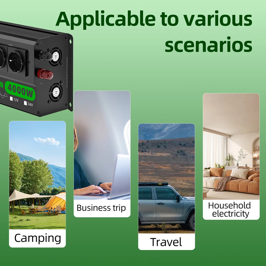 TATALIKEN Pro Series Sinuswellen-Wechselrichter 12V/24V auf 220V 50Hz mit 4 EU-Steckdosen, USB-C und Display, Schwarz - Bild 3