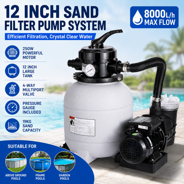 Joybach Sandfilteranlage für Pool mit 250W und 8000L/h, 12 Zoll Sandfilterbehälter in Weiß, effizientes Filtersystem mit 4-Wege-Ventil und Manometer für Aufstellpools und Gartenpools - Bild 1