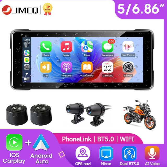 srnubi Motorrad DVR mit GPS Navigation und 6,86 Zoll Display, 1080P Full HD Kamera, kabelloses CarPlay und Android Auto, wasserdichter Monitor in Schwarz - Bild 1