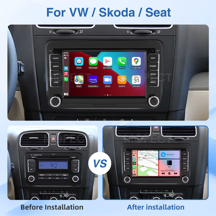 MOPECT Android Autoradio mit 7 Zoll IPS Touchscreen für VW Volkswagen Skoda Octavia Golf 5 6 Touran Passat B6 Polo Jetta in Schwarz mit CarPlay, GPS, WLAN, Bluetooth und RDS - Bild 3