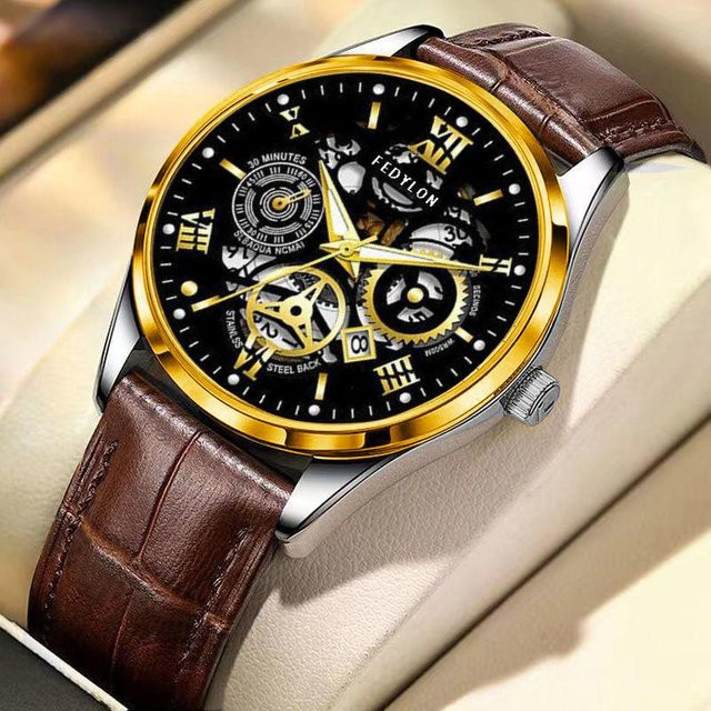YIRAN Jewelry Herrenuhr, Automatik, Edelstahl, Leder, Schwarz, Datum - Bild 1