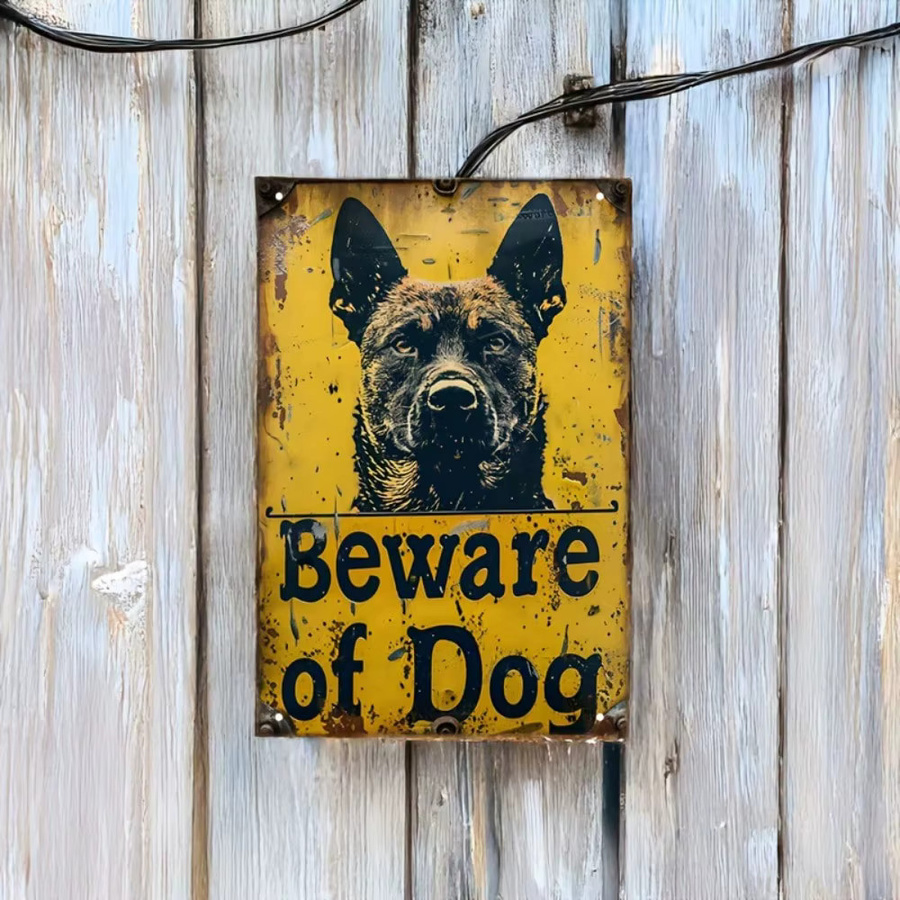 Vintage-Metallschild CIFBUY Beware of Dog mit deutschem Schäferhund als Wanddekoration in Gelb und Orange - Bild 2
