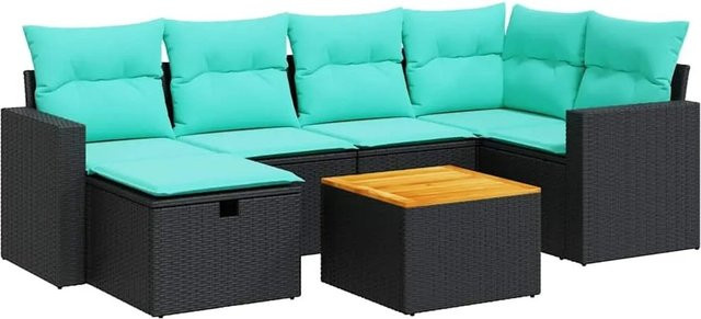 vidaXL 7-teilige Garten-Sofagarnitur in L-Form aus Poly-Rattan mit Kissen und Couchtisch in Schwarz - Bild 1
