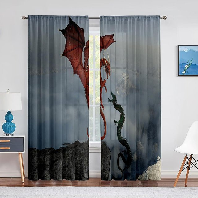 Super Six Fantasy Mittelalterlicher Drache Tüllvorhang aus Chiffon, Grau, Transparent, Breite: 100 cm, Höhe: 250 cm - Bild 1