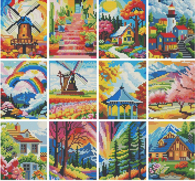 Momoart 12-teiliges DIY Diamantgemälde Set mit Landschaftsmotiven wie Windmühle und Leuchtturm in Multicolour, runde Diamantmosaik-Sets für dein Hobby - Bild 1