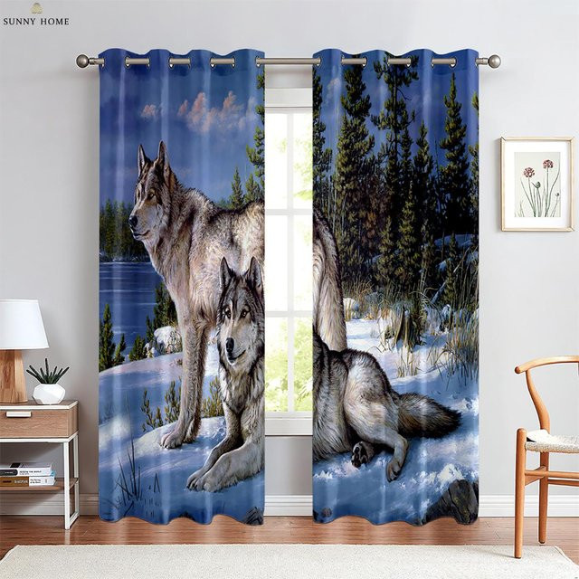 Verdunkelungsvorhang Wolf mit 3D-Druck von Yiran Furniture, Wärmedämmvorhang für Wohnzimmer und Schlafzimmer, Blau, B: 100 cm, H: 130 cm - Bild 1