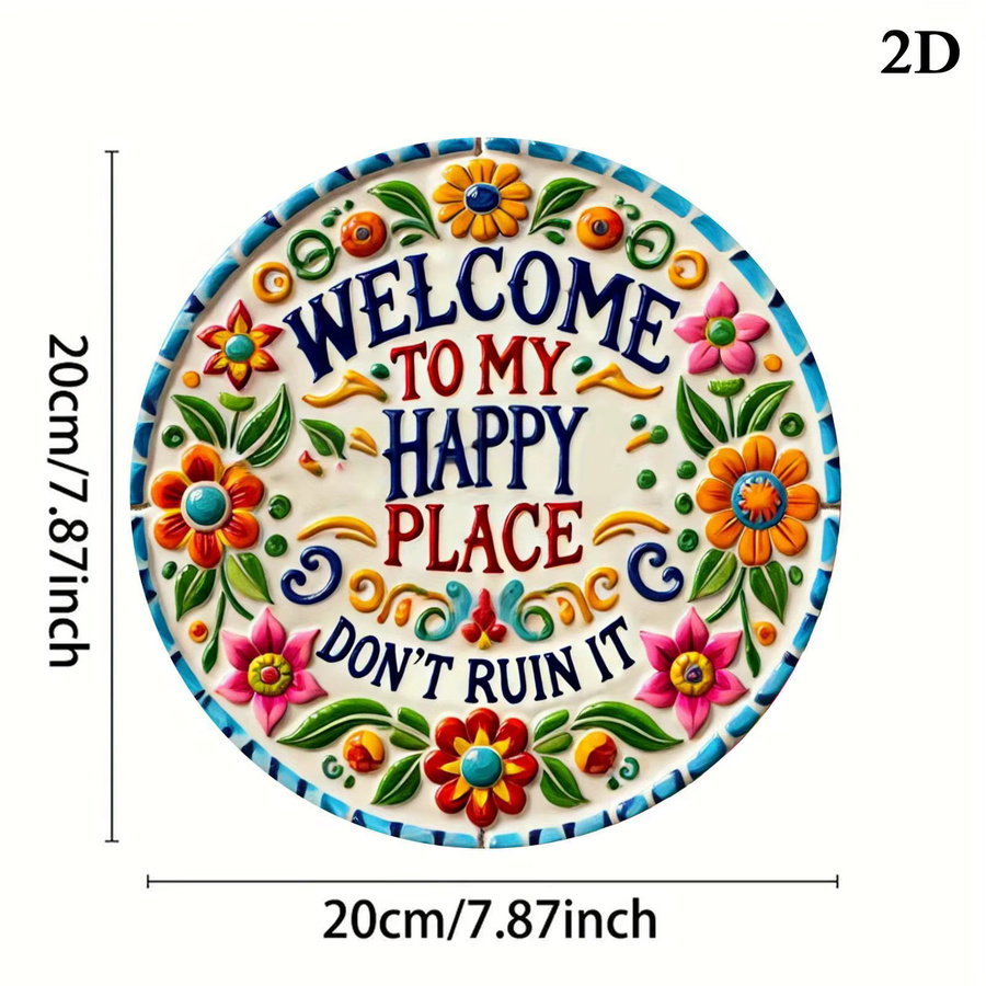 Potdemiel Wandkunst aus Aluminium Welcome to My Happy Place, rundes florales Metall-Wandbild in Mehrfarben, Durchmesser: 19,81 cm - Bild 2