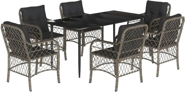 vidaXL 7-teilige Garten-Essgruppe aus Poly Rattan mit Kissen und Glastisch in Grau - Bild 1