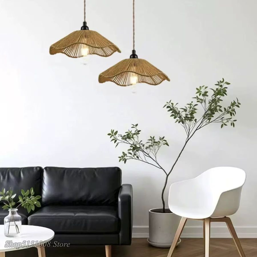 LZPZ RUI Rattan Pendelleuchte im Vintage Bauernhaus Stil mit handgewebtem Hanfseil und E27 Fassung - Bild 2