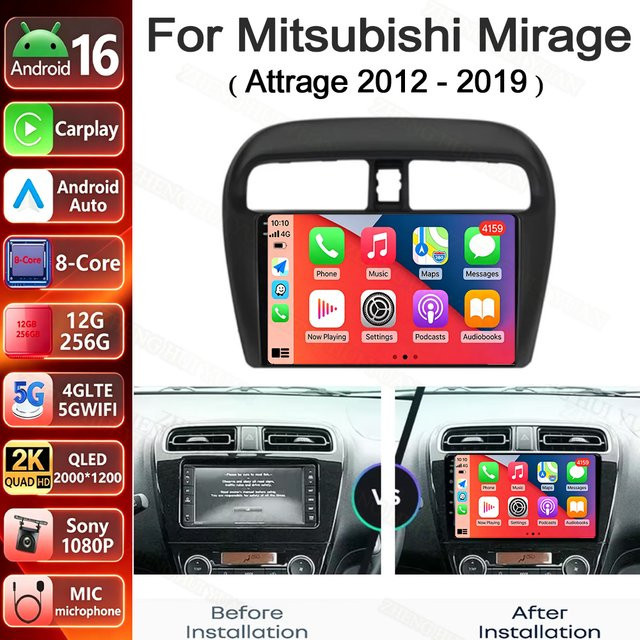 TIEYEZ Android 16 Autoradio mit 9 Zoll Display für Mitsubishi Mirage Attrage 2012-2019 und Space Star 2014, Navigation Stereo Multimedia Tuning Bildschirm, Schwarz - Bild 1